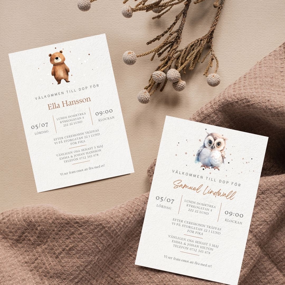 inbjudningskort dop björn uggla