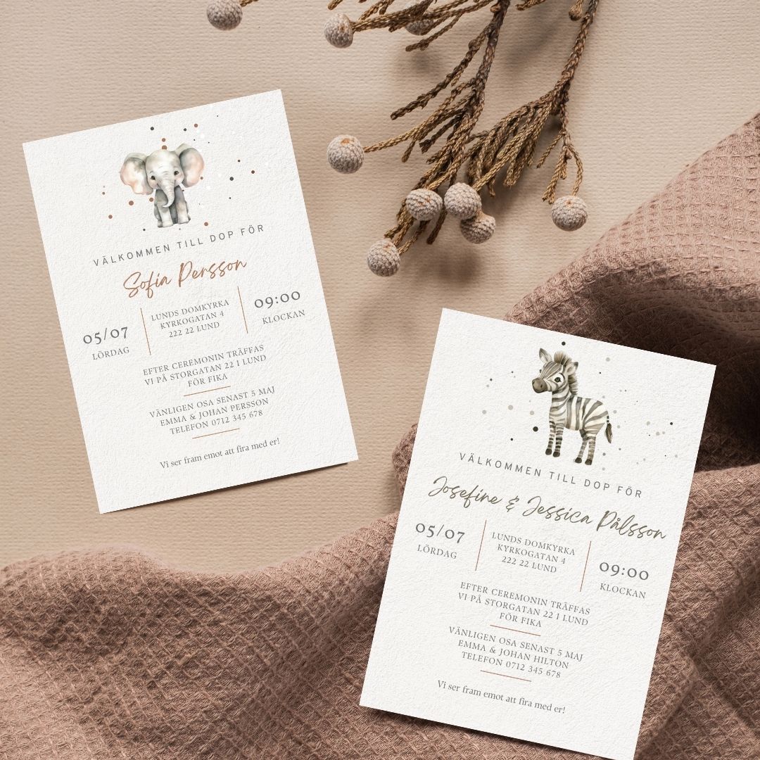 inbjudningskort dop elefant zebra