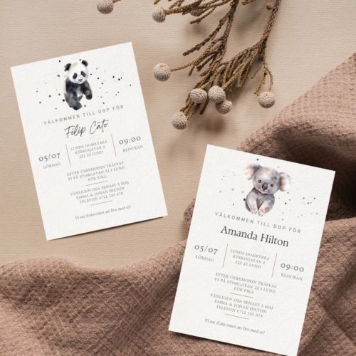 inbjudningskort dop panda koala