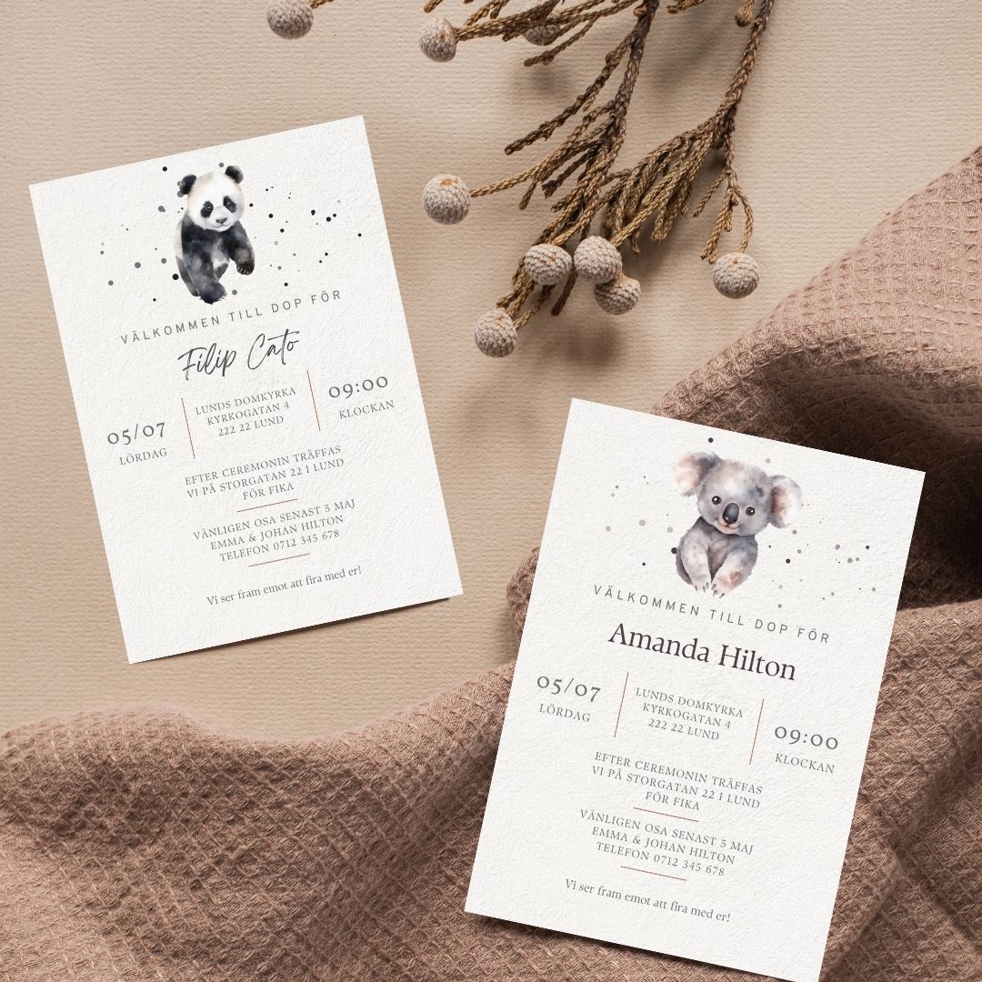 inbjudningskort dop panda koala